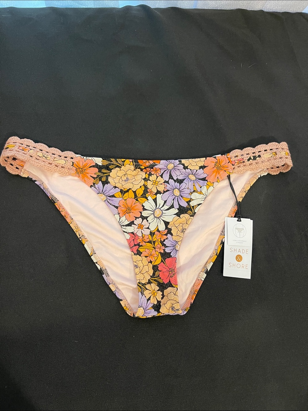 Shade & Shore Peach Crochet-Trim Floral Bikini Bottom